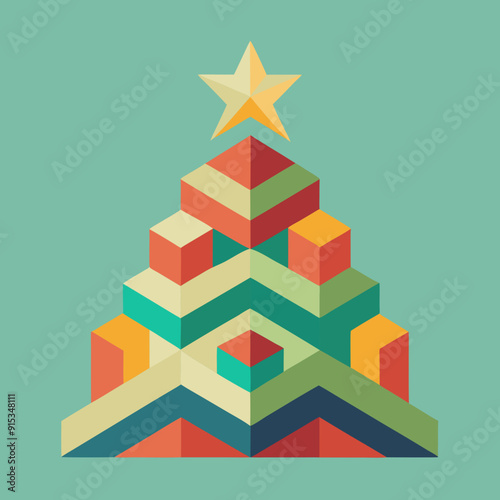 Geometric Christmas  tree with a star on top, colorful blocks, modern geometric minimal unique design, creative square symmetrical 