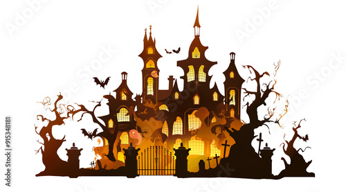 Night horror castle house in a dilapidated yard. Spooky atmosphere halloween illustration. Twigs. cut out