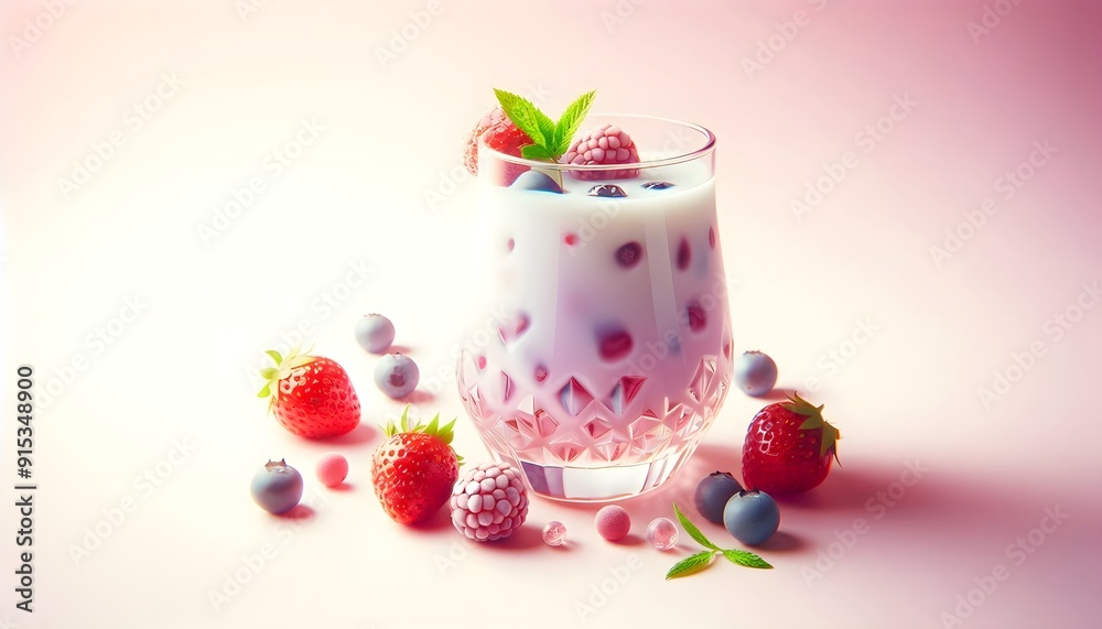 milk berry cocktail in a transparent glass on a light background milk berry cocktail in a transparent glass on a light background