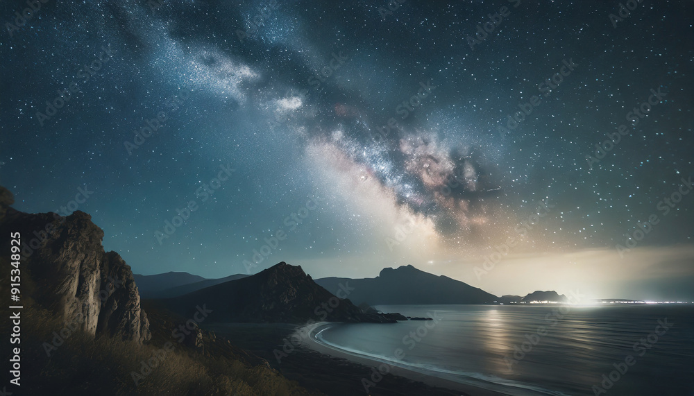 Milky Way twinkling above ocean, mountains, enchanting atmosphere. Nature beauty. Travel and tourism Milky Way twinkling above ocean, mountains, enchanting atmosphere. Nature beauty. Travel and tourism