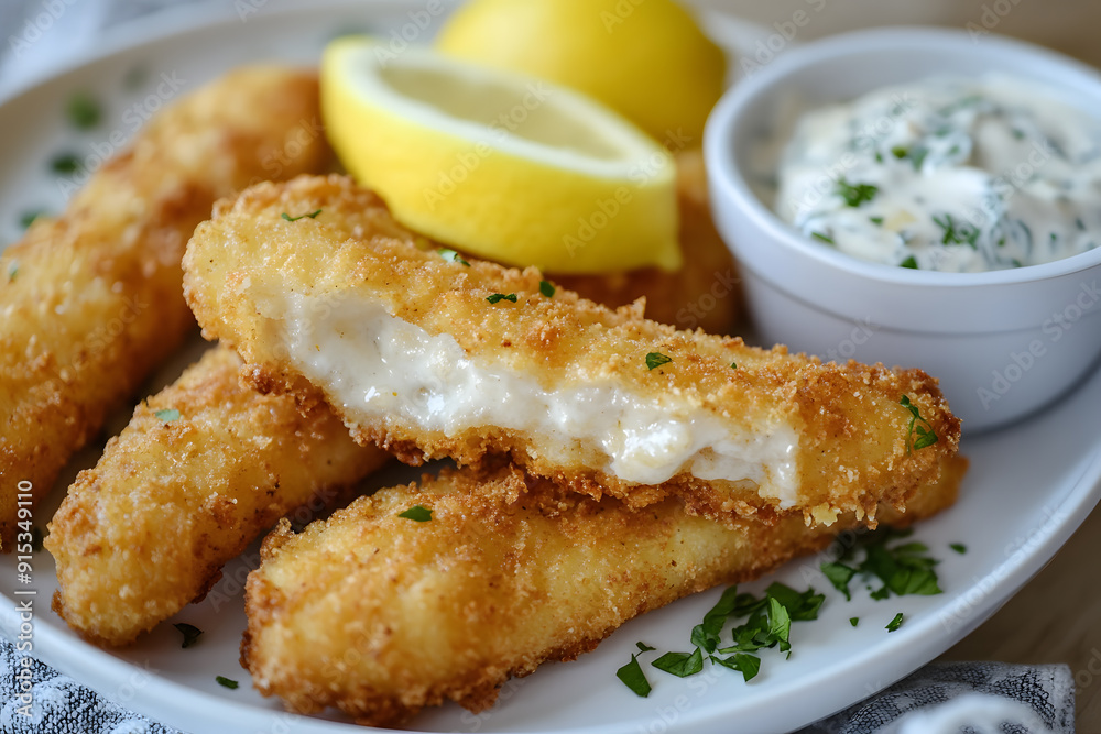 Fish sticks with lemon and tartar sauce commercial food photo Fish sticks with lemon and tartar sauce commercial food photo