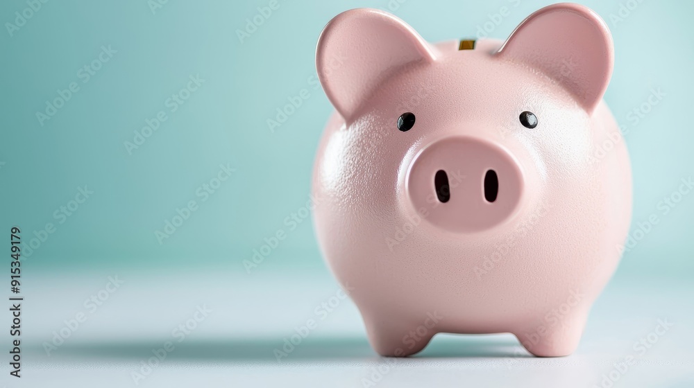 A cute pink piggy bank standing on a light blue background, symbolizing savings and financial planning. A cute pink piggy bank standing on a light blue background, symbolizing savings and financial planning.