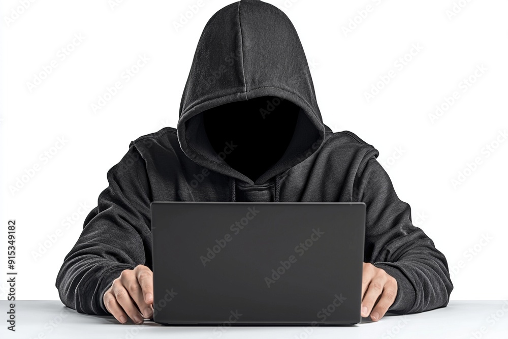 A faceless hacker in black hoodie is working on his laptop. Ai Generative A faceless hacker in black hoodie is working on his laptop. Ai Generative