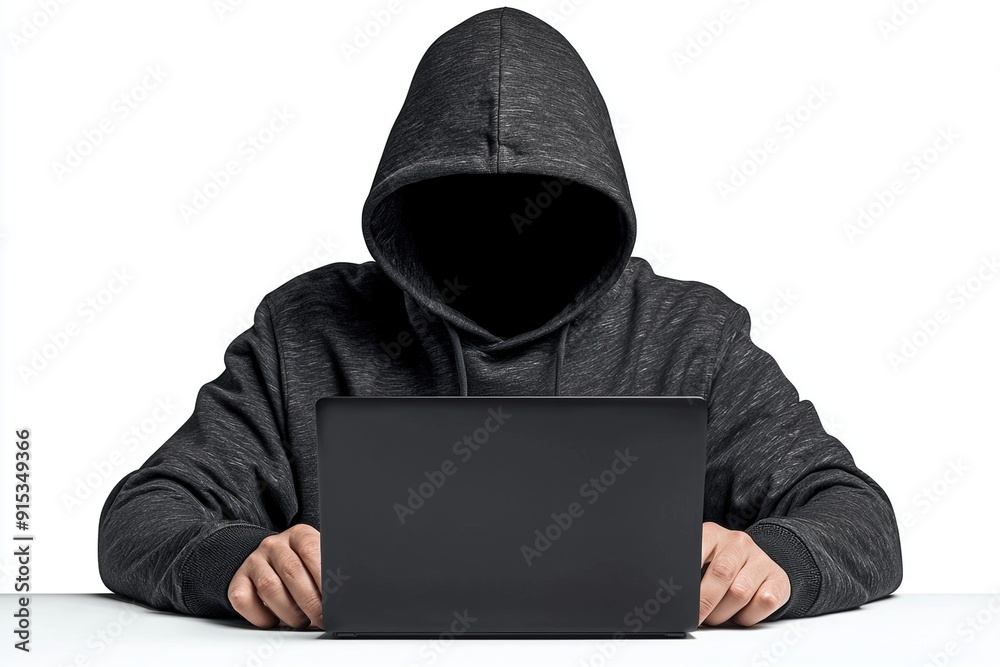A faceless hacker in black hoodie is working on his laptop. Ai Generative