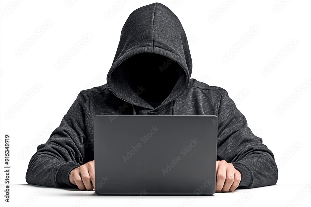 A faceless hacker in black hoodie is working on his laptop. Ai Generative