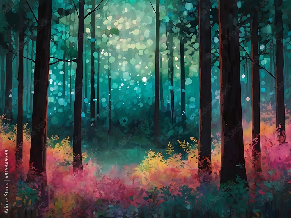 Fototapeta premium Vibrant, stylized digital painting of a forest. The layout features tall, slender trees with dark trunks and branches, colorful fantasy jungle