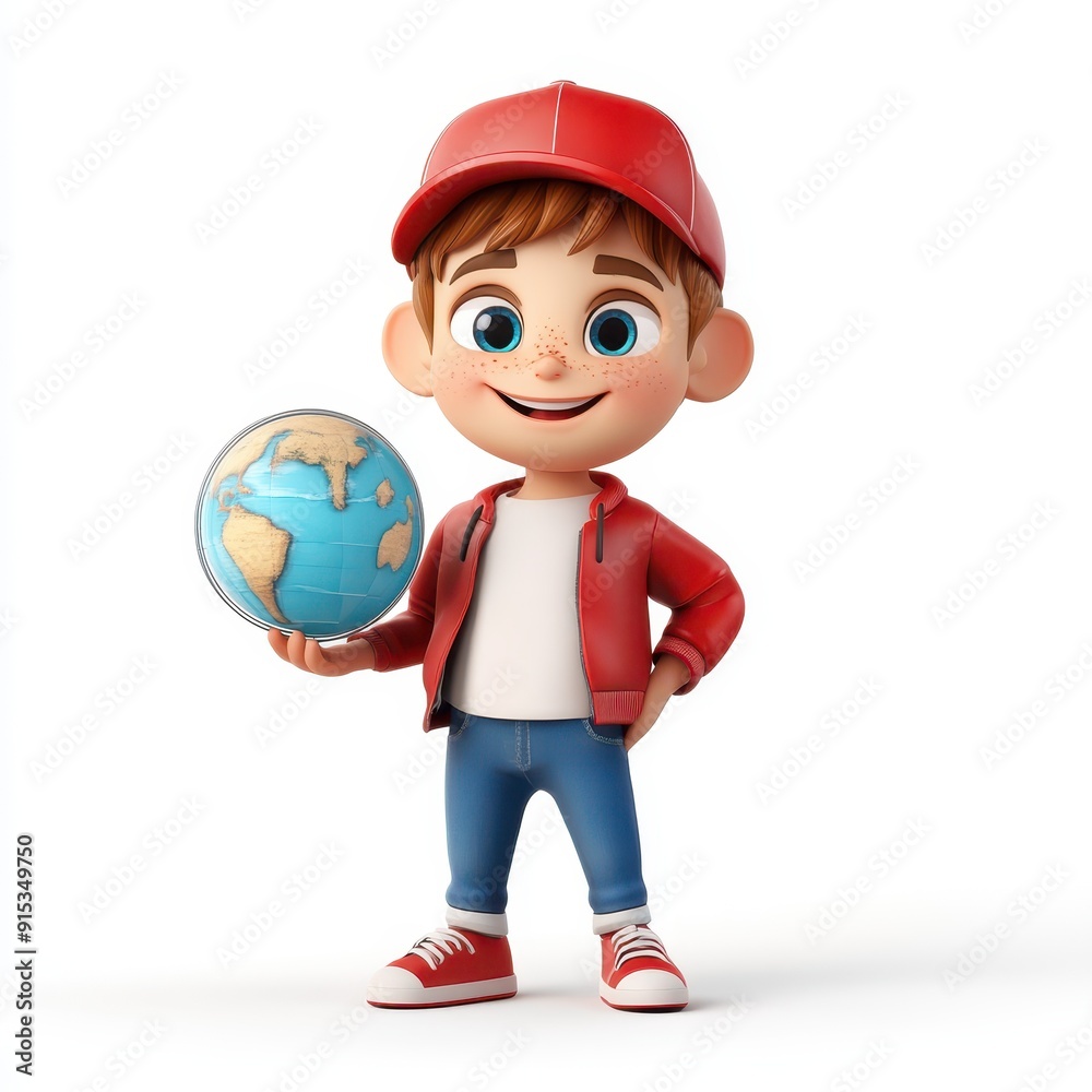 Cartoon character holding a globe in a playful, colorful environment Cartoon character holding a globe in a playful, colorful environment