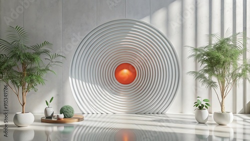 Minimalist interior design with a white wall, plants, and a circular wall sculpture.