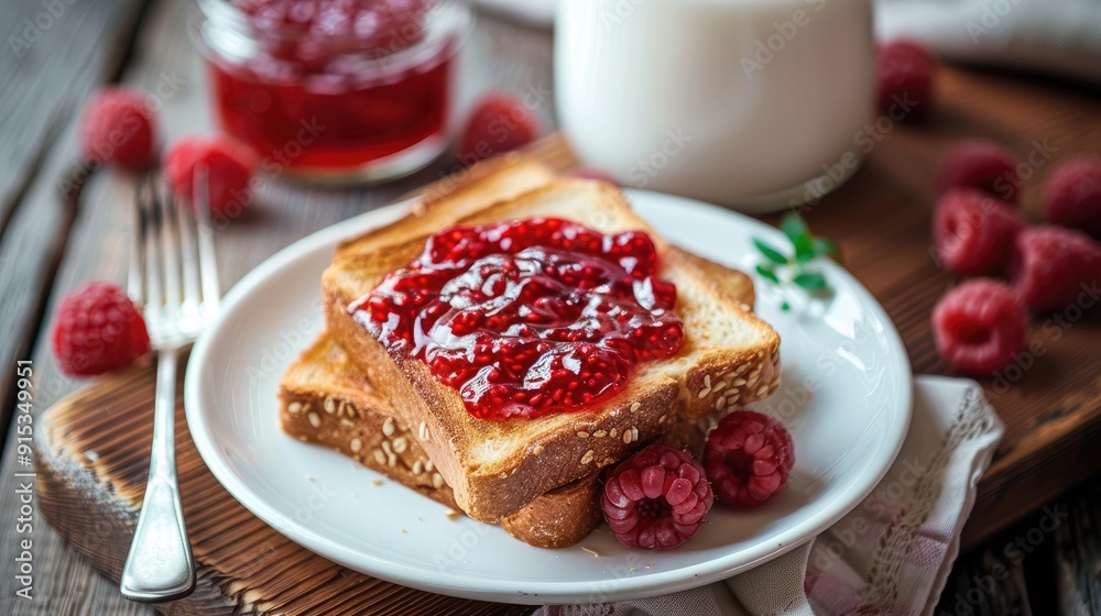Raspberry jam toast and milk on wooden background Raspberry jam toast and milk on wooden background