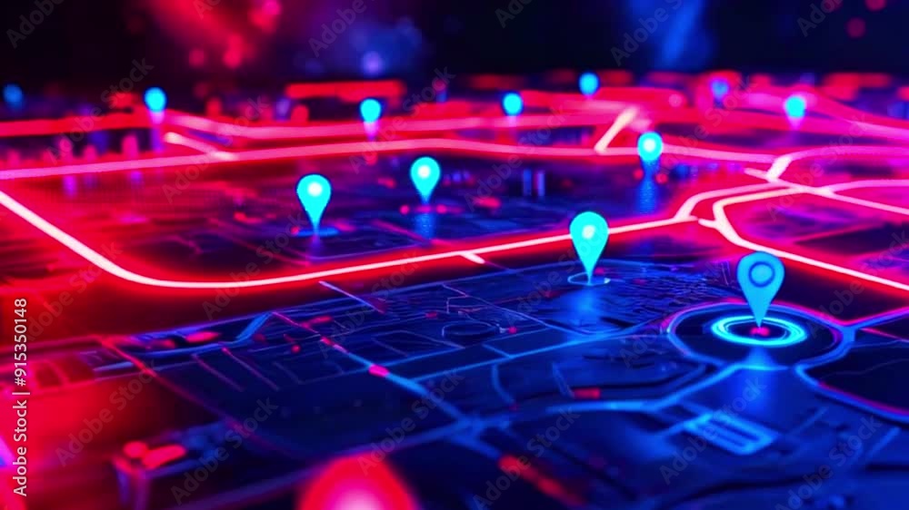 Abstract digital map with glowing red and blue pin location markers ...