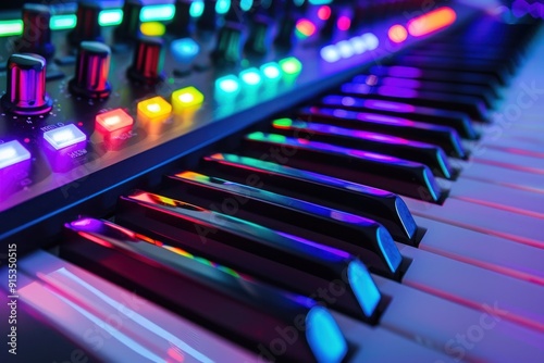 Closeup of Illuminated Piano Keys.