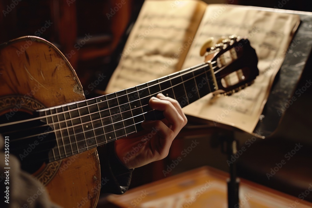 Fototapeta premium Close-up of a musician's hand playing an acoustic guitar.