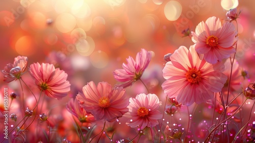 A vibrant field of blooming pink flowers illuminated by the soft sunlight during a serene sunrise in spring #915350711