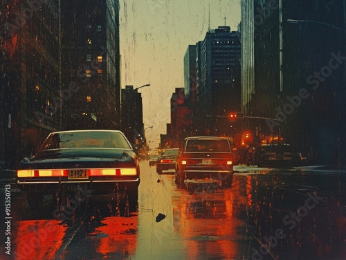 Retro Cars on a Rainy New York City Street During Dusk