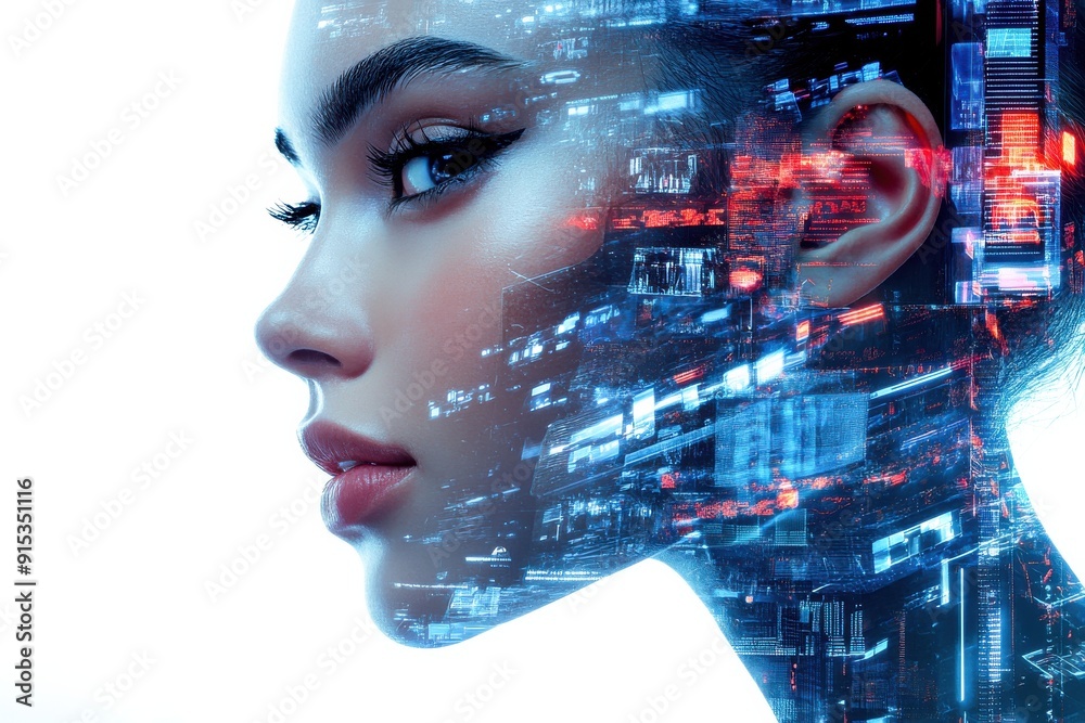 A mesmerizing profile merges human features with vibrant digital imagery, embodying the harmony of technology and artistry A mesmerizing profile merges human features with vibrant digital imagery, embodying the harmony of technology and artistry