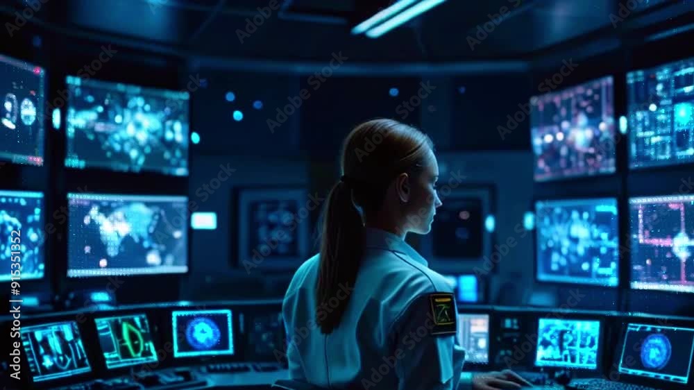 A woman in a security uniform sits in front of a bank of computer monitors displaying data and maps, looking intently at a screen.
