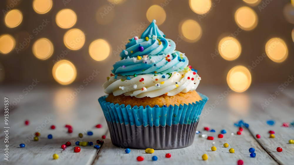 Vanilla cupcake with icing and colourful sprinkles Vanilla cupcake with icing and colourful sprinkles
