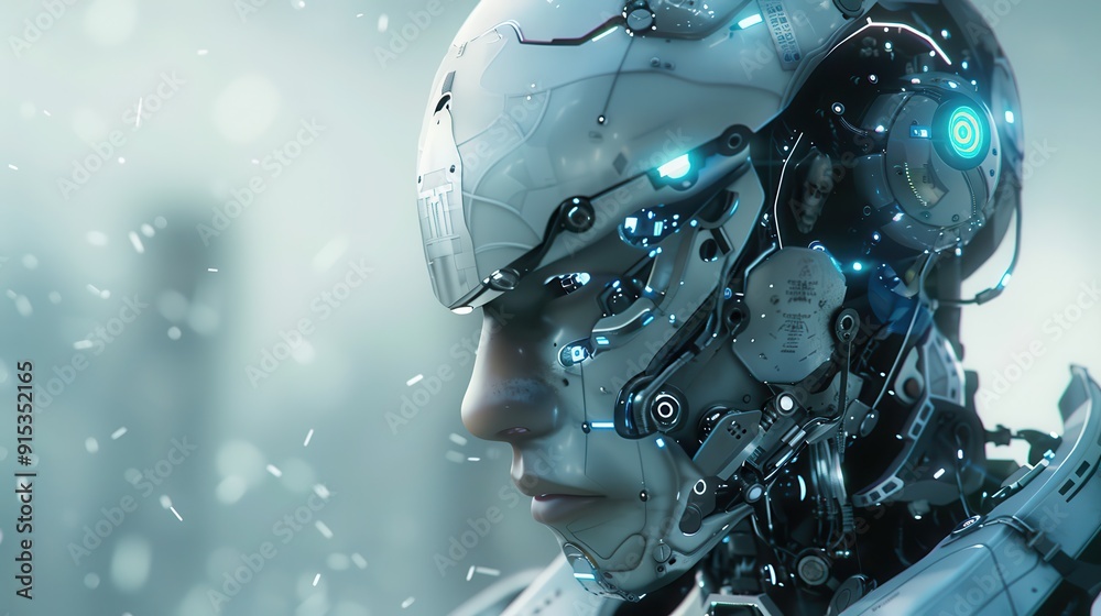 Cyborg: Futuristic AI Android Robot in Blue Neutral Lighting - 3D Illustration Cyborg: Futuristic AI Android Robot in Blue Neutral Lighting - 3D Illustration