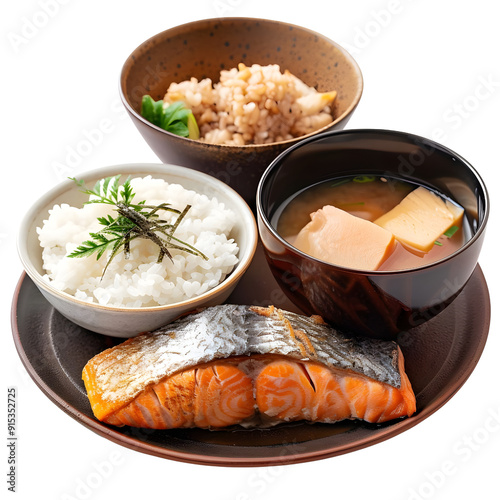Japanese Breakfast : Japanese breakfast consists of rice, fish, miso soup, and pickled vegetables, breakfast set, studio lighting, isolate on white background, photo, 4k