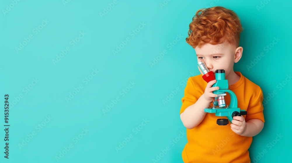 Baby exploring with a toy microscope, flat design illustration Baby exploring with a toy microscope, flat design illustration
