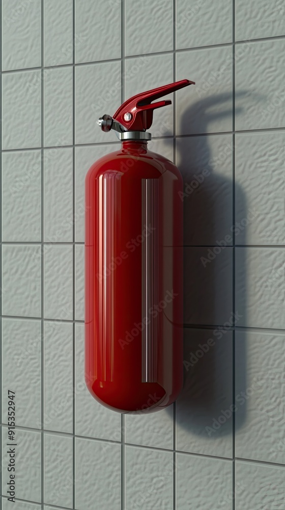 Fototapeta premium A detailed view of a red fire extinguisher mounted on a kitchen wall, emphasizing safety in a contemporary home environment
