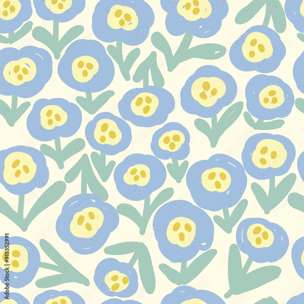 Fototapeta premium Seamless floral pattern on light background. Naive blue flowers and leaves kids pattern. Vector illustration. 