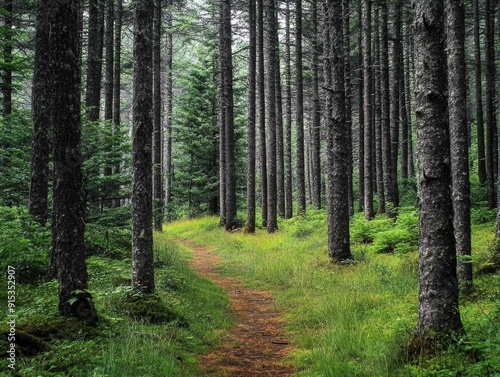 Serene Pathway in Dense Forest with Tall Trees and Lush Greenery