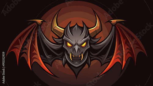 Fiery Demon Bat Illustration with Horns and Fangs, Evil Halloween Creature