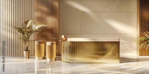 Modern And Minimalist Hotel Reception Design With Golden Details And Sunlight. Luxury, Elegant Interior Design Concept.