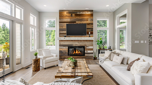 A modern living room with a rustic feel, featuring a fireplace with a reclaimed wood mantel and a large sectional sofa. The room is bathed in natural light from large windows, creating a warm and invi photo