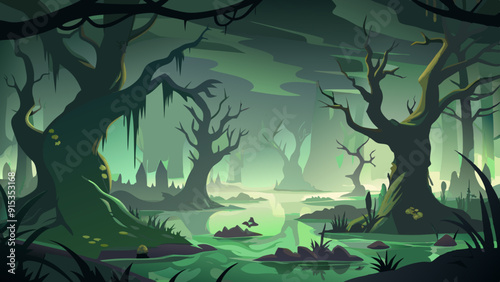 Eerie Haunted Swamp Illustration with Full Moon and Haunted Trees