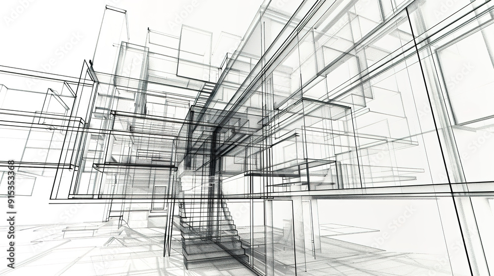 Obraz premium The Fascinating World of Abstract Architectural Drawings: A Blend of Creativity and Innovation. Showcasing Unconventional Designs and Inspiring Spatial Concepts.