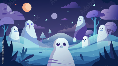 Spooky Ghosts in a Haunted Forest Illustration with Full Moon