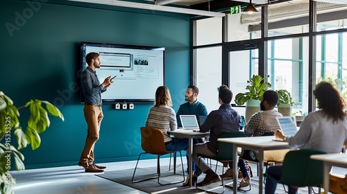 modern, clean look, meeting room. There is a man presenting ideas on a big TV and four people watching/taking notes photo