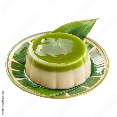 Khanom Thuai : Steamed pandan-flavored custard with a layer of salty coconut cream, In a cute plate, Thai food photo