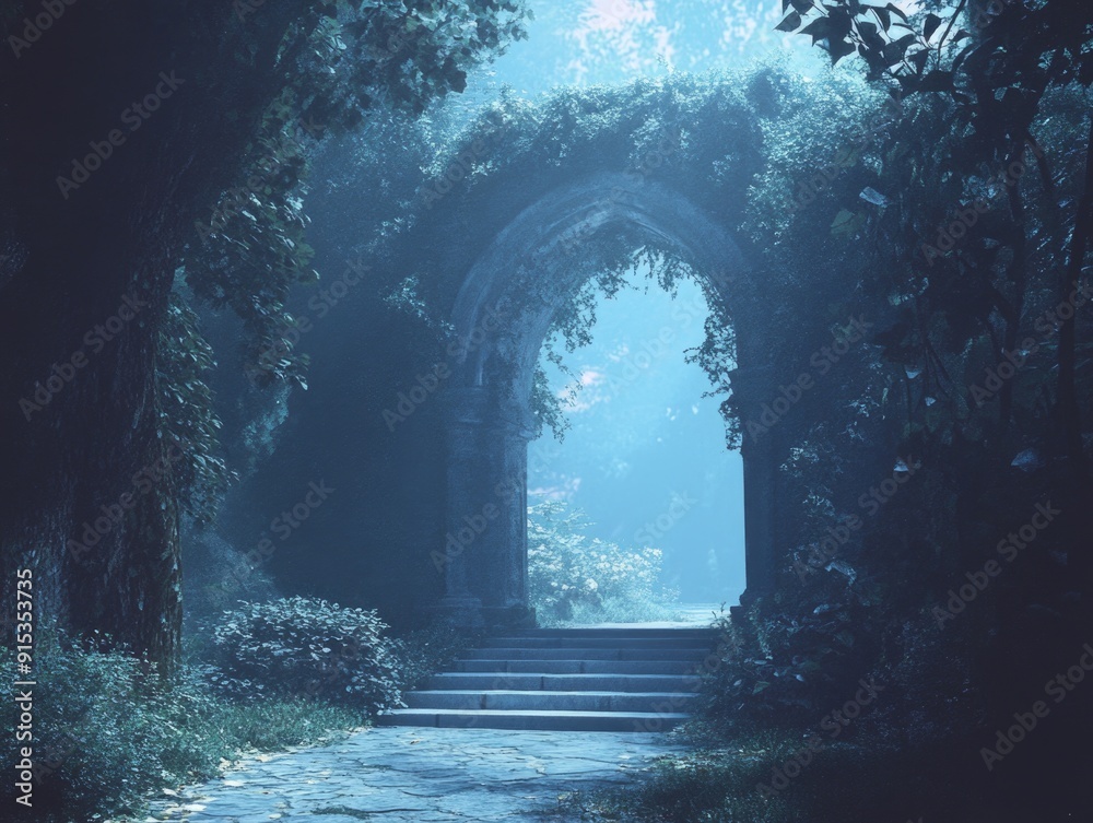 Fototapeta premium Mystical Forest Ruins with Arched Stone Entrance and Lush Greenery in Moonlight