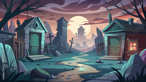 Spooky Abandoned Village Illustration with Full Moon and Eerie Buildings