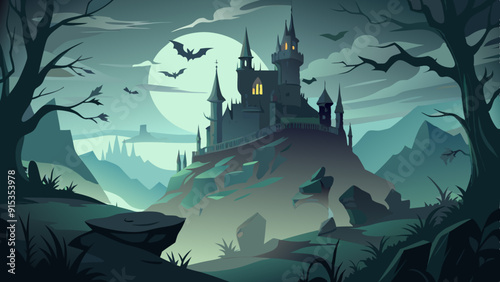 Spooky Castle Illustration, Full Moon Night with Bats and Fog