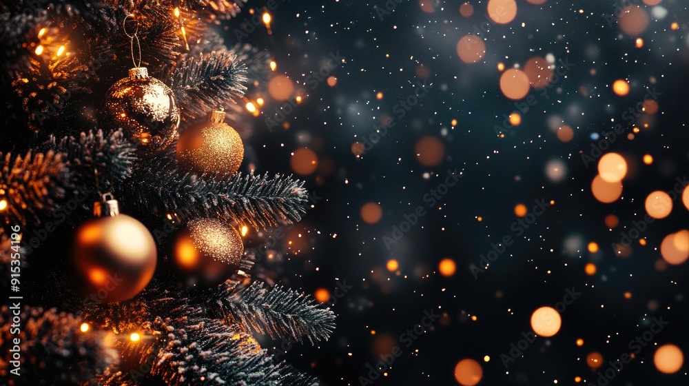 Fototapeta premium Christmas tree lights and baubles, space for text in the bottom left.