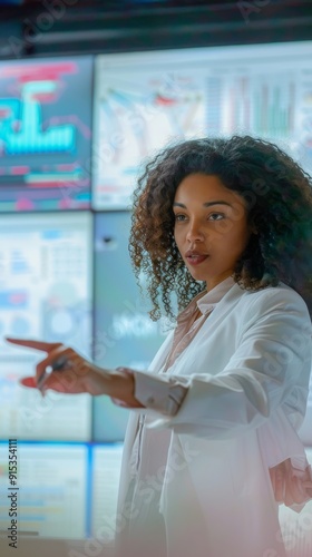 Confident Black female IT specialist pointing at data displayed on multiple screens in a network operations center. Concepts. cybersecurity, data analysis, technology, programming, IT support