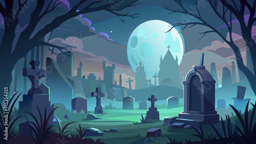 Spooky Graveyard Illustration, Haunted Night with Full Moon