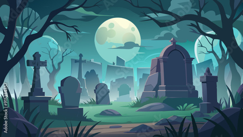 Creepy Graveyard Illustration, Haunted Night with Full Moon