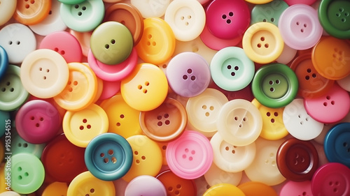 Colorful assorted plastic buttons scattered perfect for sewing craft or fashion design photo