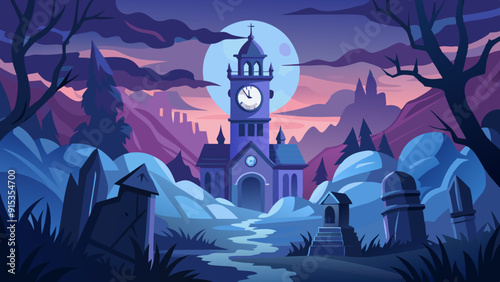 Creepy Clock Tower Illustration, Haunted Cemetery with Full Moon