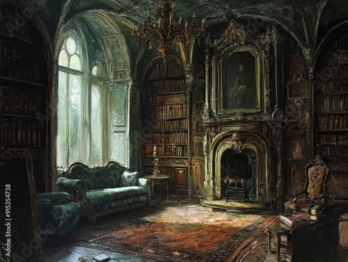 Gothic Library Room with Antique Furniture, Bookshelves, and Grand Fireplace photo