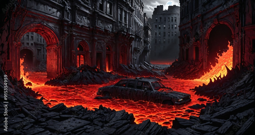 lava magma river flowing through destroyed city buildings in dark molten brimstone hellscape. post apocalyptic hell town ruins. lava magma river flowing through destroyed city buildings in dark molten brimstone hellscape. post apocalyptic hell town ruins.