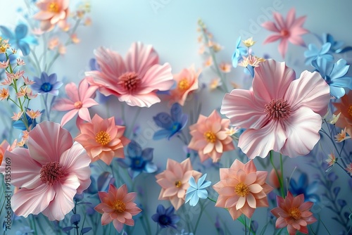 Abstract floral background in light pastel colors with 3D elements, featuring an assortment of flowers with a border and copy space 