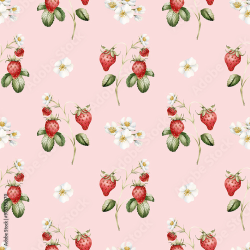 Wallpaper Mural Strawberry, ripe berries with flowers. Watercolor illustration, floral seamless pattern on peach pink background Torontodigital.ca