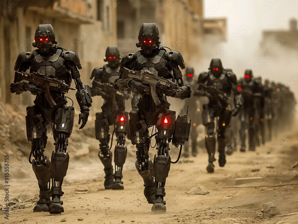 A group of soldiers in black and red uniforms march across a desert. The soldiers are equipped with guns and appear to be in a war zone. Scene is tense and serious A group of soldiers in black and red uniforms march across a desert. The soldiers are equipped with guns and appear to be in a war zone. Scene is tense and serious