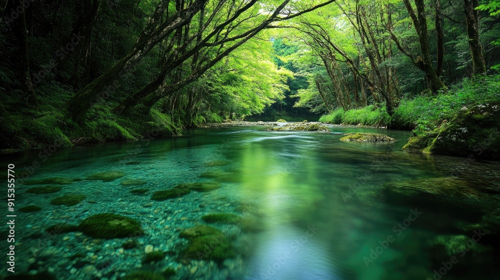 Obraz premium Crystal clear river flowing through a dense forest, symbolizing purity and tranquility.